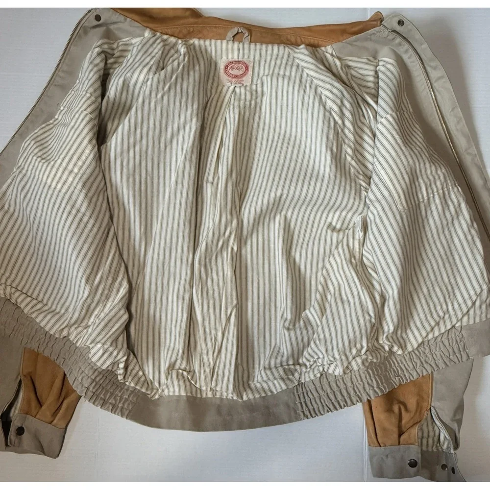 AUSTRALIAN OUTBACK - Men's VTG Beige Canvas Leather Trim Bomber Jacket - X-Large